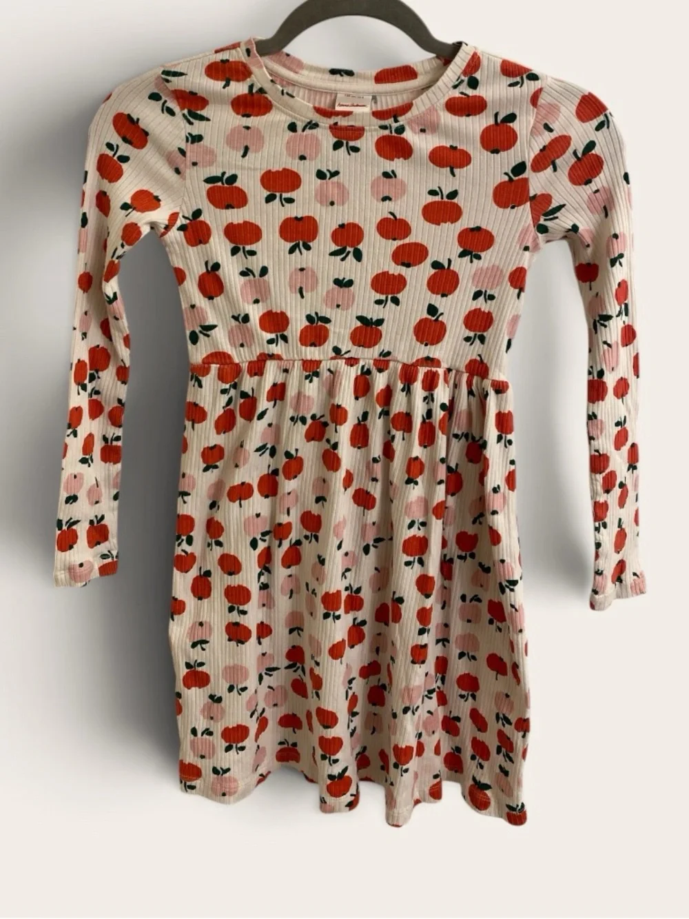 HANNA ANDERSON Girls 8 Long Sleeve Apple Fall Dress Cream w/ Red Apple Pattern